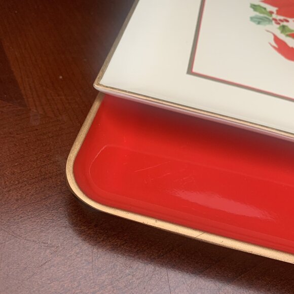 Otagiri Lacquerware Christmas Trays Set of 2  Japan Gold Trim MCM 14” X 10” - Picture 6 of 8
